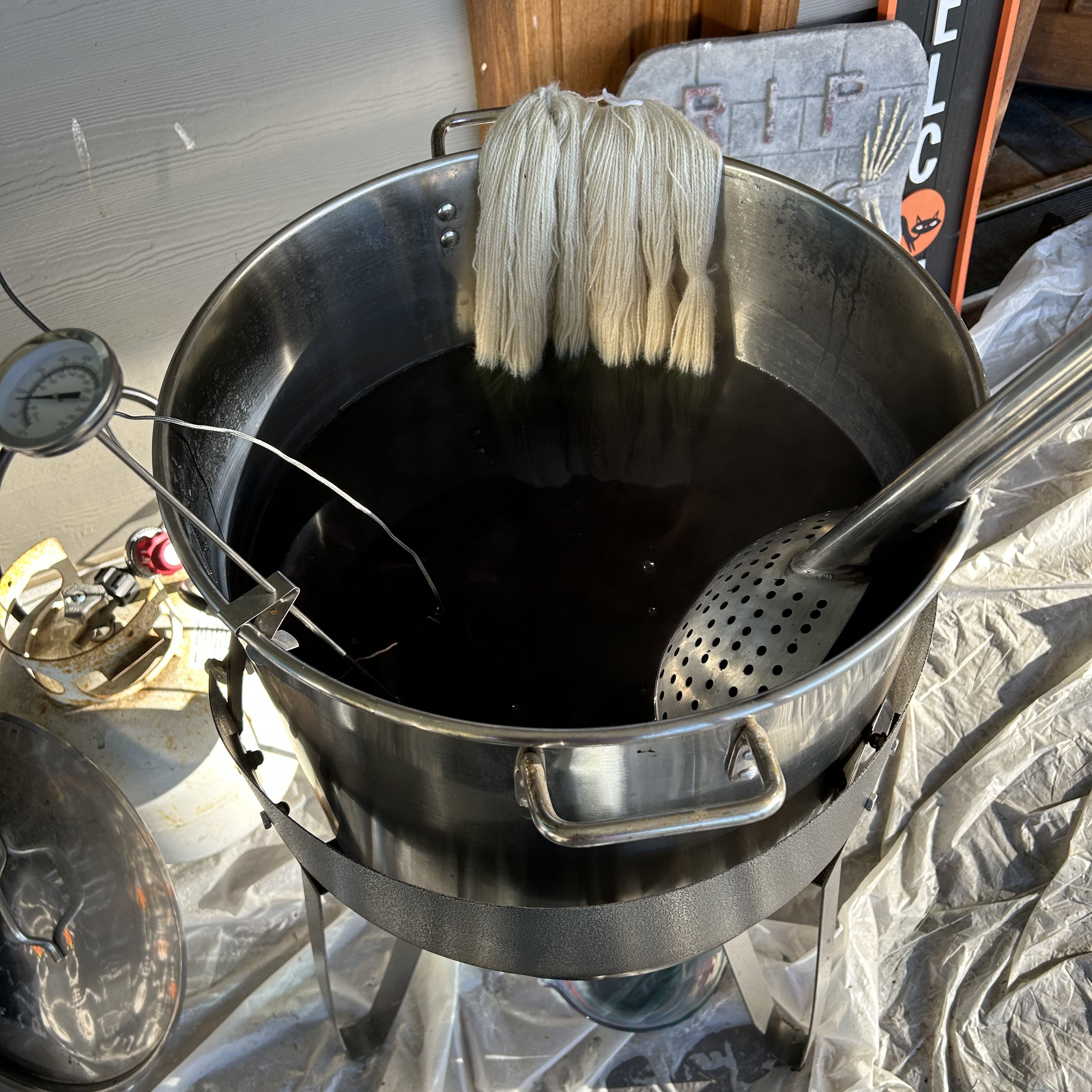 Dye pot with yarn